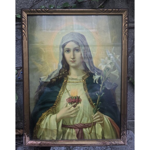 1920s Immaculate Heart Of Mary O. Voelkel Framed Lithograph 17"x13" - Picture 1 of 5